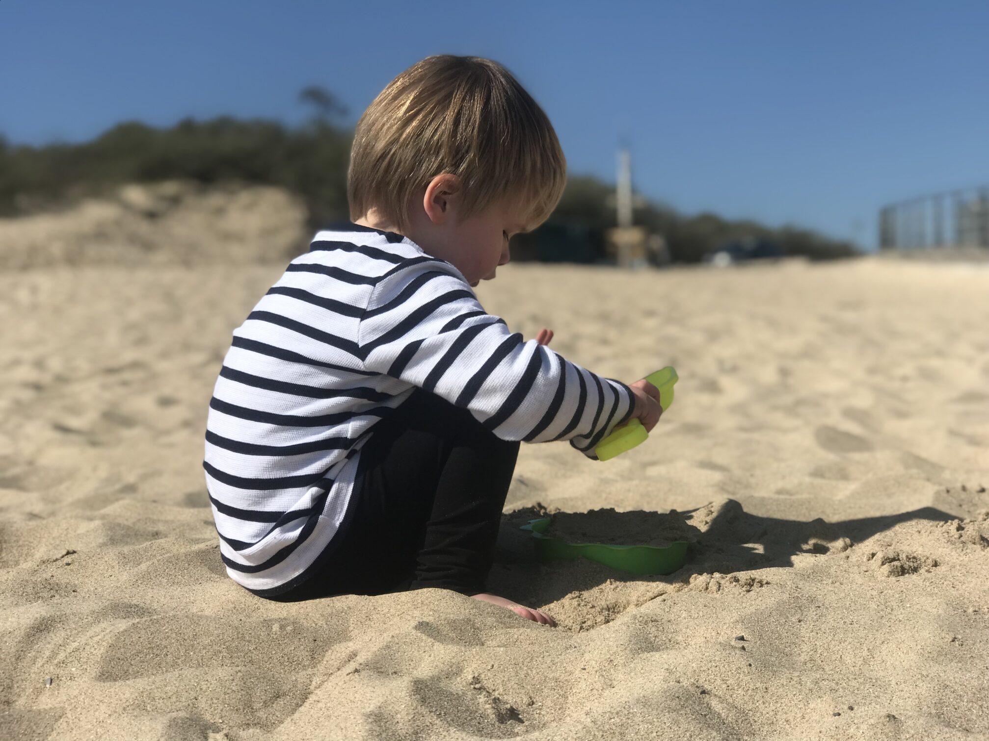 dexter wearing a white and navy striped top playing on the sand on tenby south beach