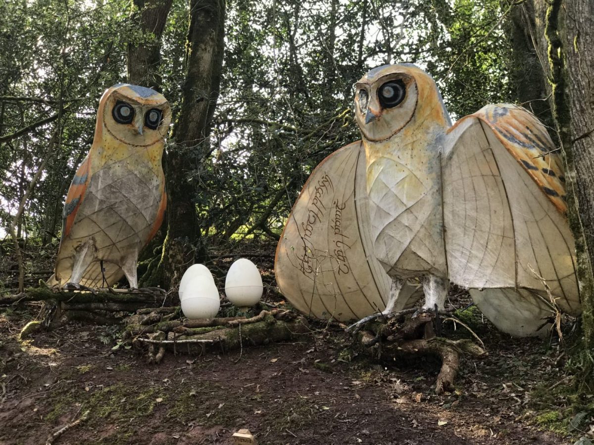 two huge owls next to eggs in the enchanted forest bluestone