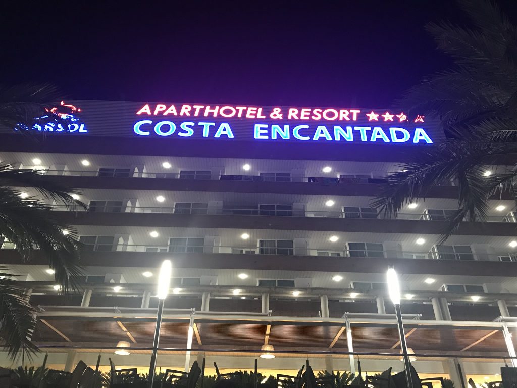 The Costa Encantada from outside at night