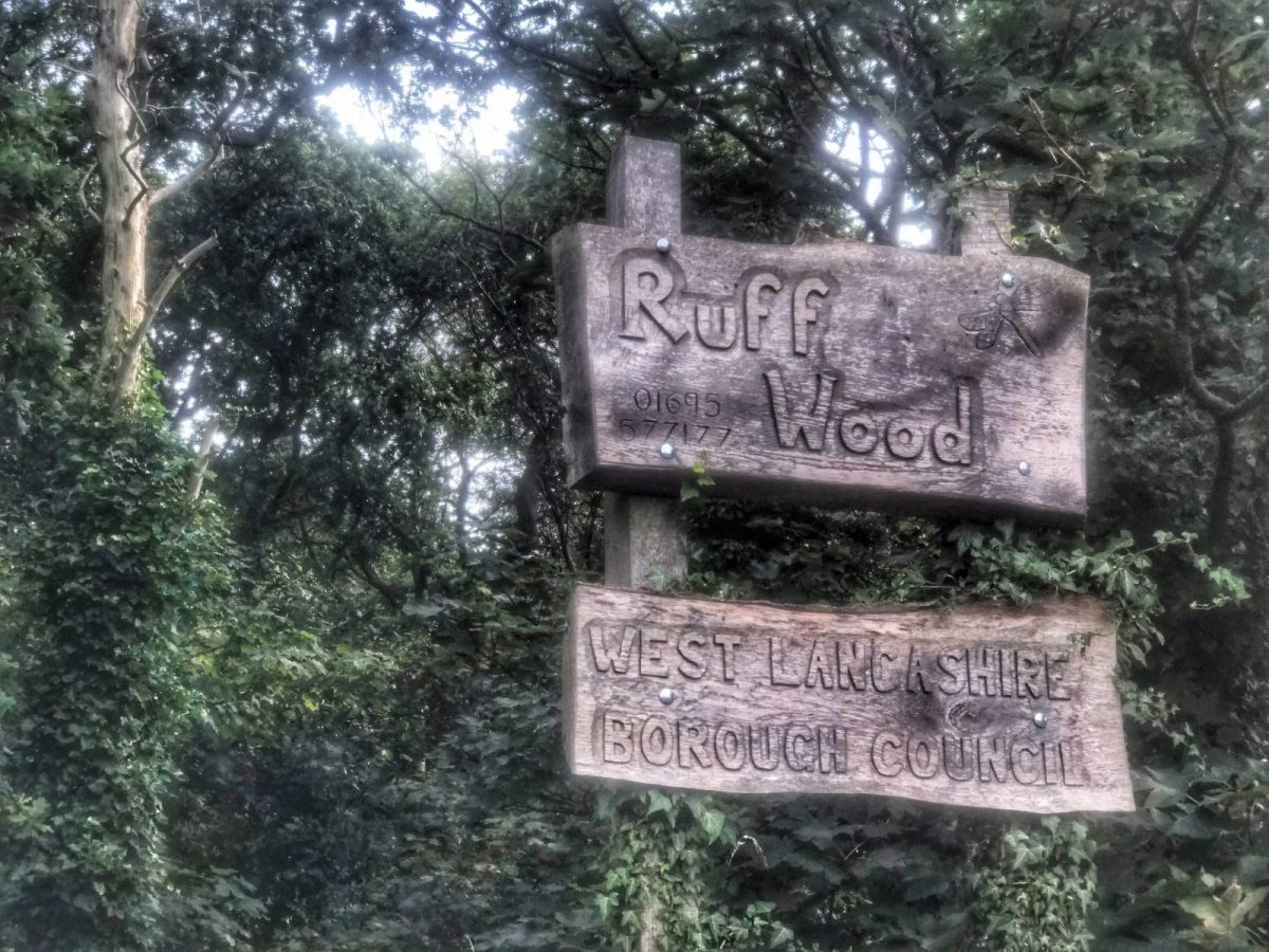 Ruff Wood sign on the edge of the woods