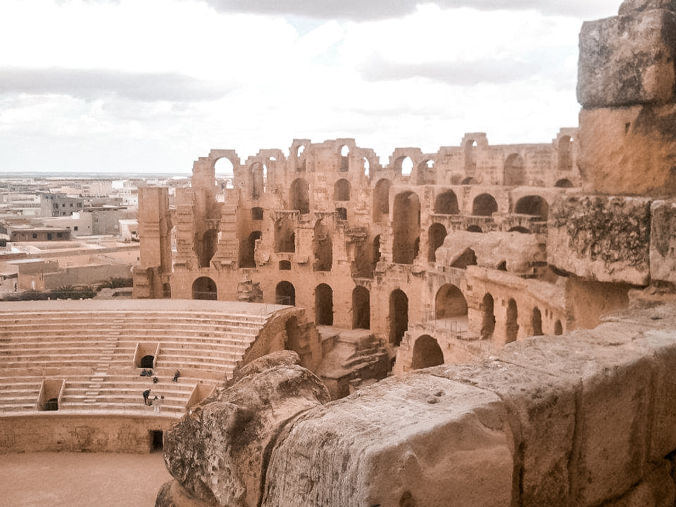 View of El Djem's amphitheatre and the city beyond from the upper levels