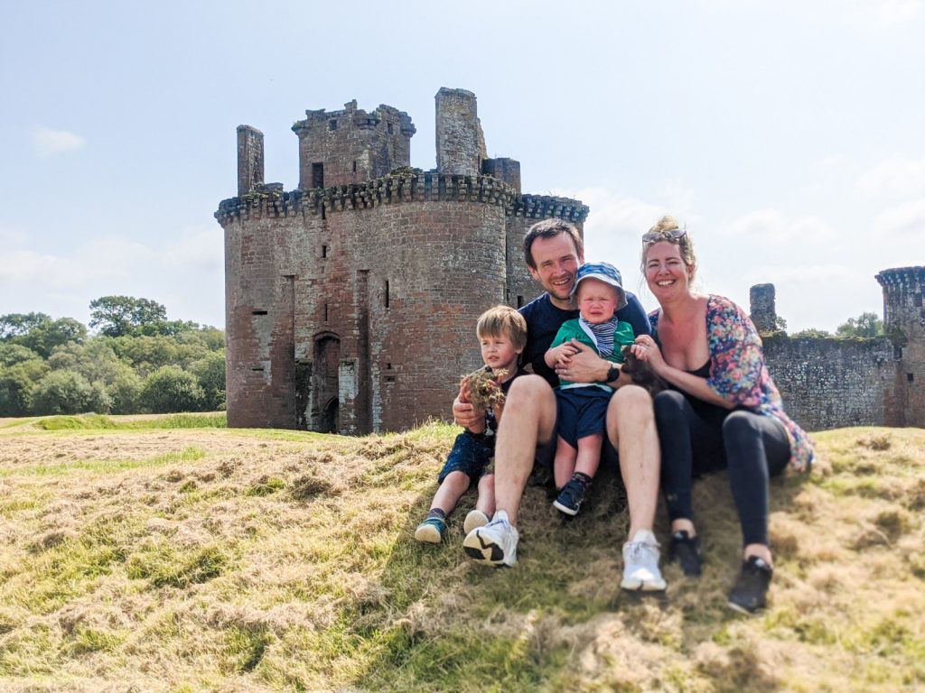 Dexter, Neil, Felix and Nicola outside Caerlaverock Castle