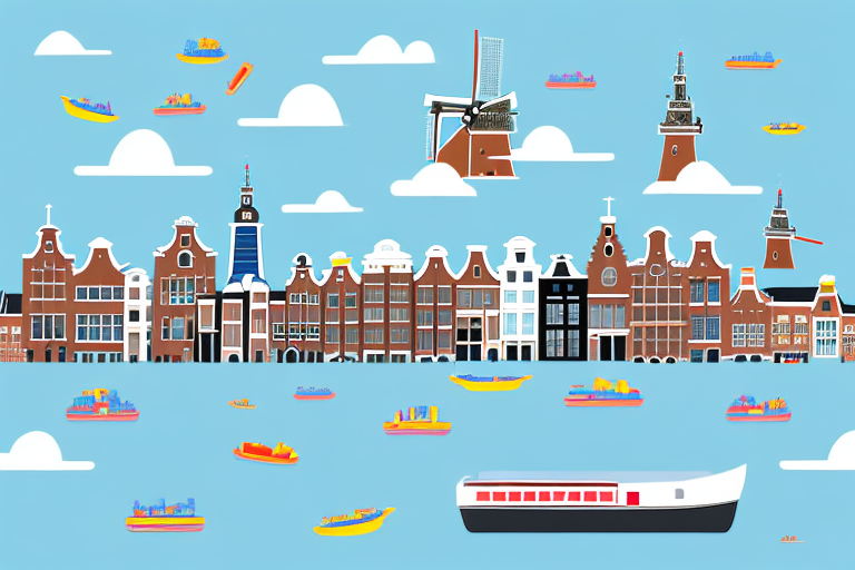 A scenic amsterdam cityscape featuring iconic landmarks like windmills and canals