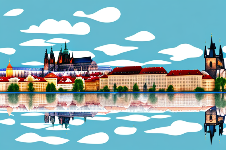 A glass of water with the iconic prague castle and charles bridge reflected in it