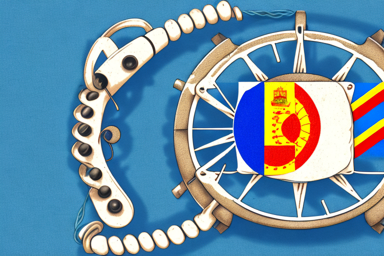 A vintage rotary dial phone with the spanish and uk flags on each end of a string connecting the two