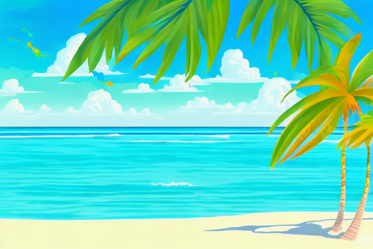 A vibrant caribbean beach with lush palm trees