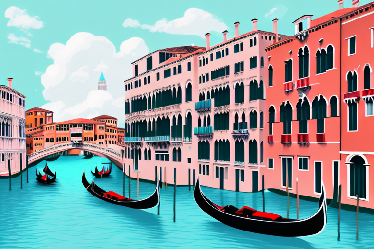 A gondola in the iconic water canals of venice with a background of historic buildings