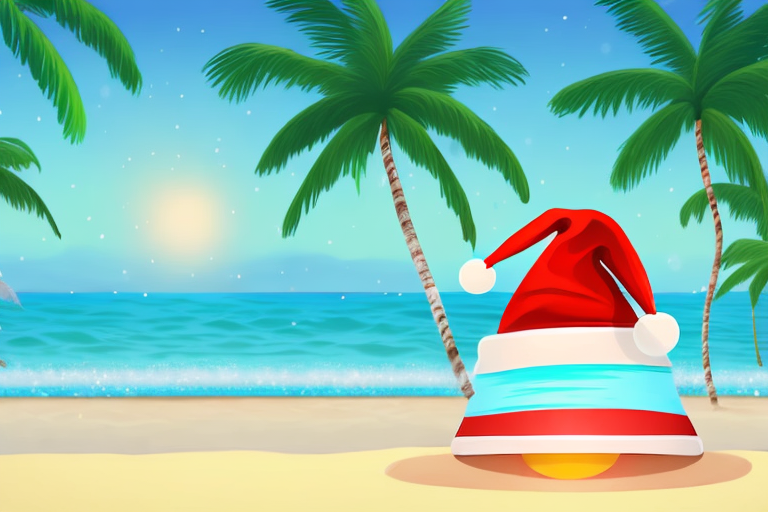 A tropical beach with palm trees adorned with christmas decorations