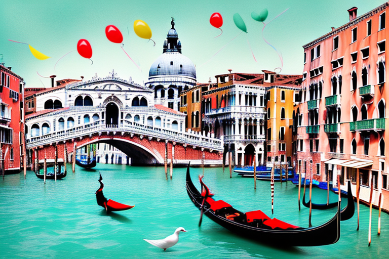 The iconic gondolas in venice's grand canal with colorful balloons tied to them