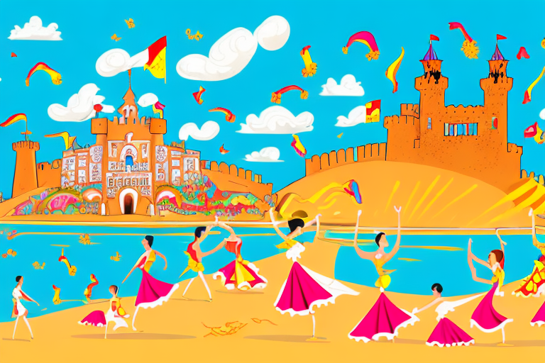 A vibrant scene showcasing iconic spanish elements like flamenco dresses