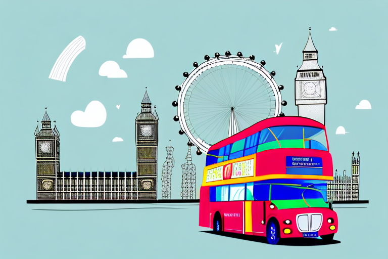 A colorful double-decker bus with child-friendly attractions such as the london eye