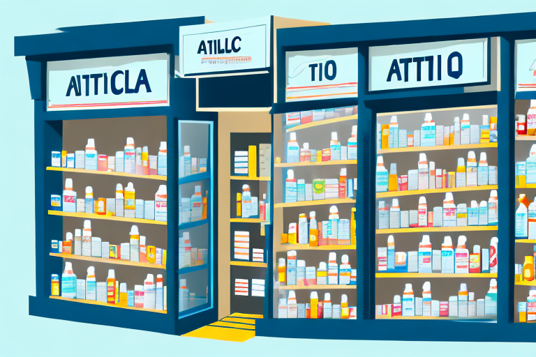 A spanish pharmacy storefront with a variety of antibiotic bottles displayed in the window