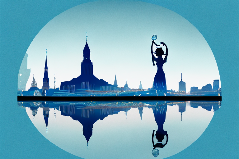 A glass of water with a silhouette of copenhagen's iconic landmarks