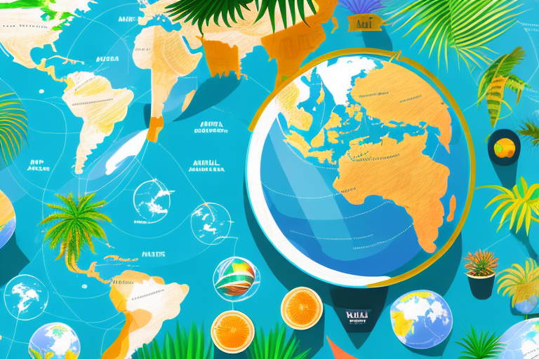 A globe with various exotic and tropical destinations highlighted