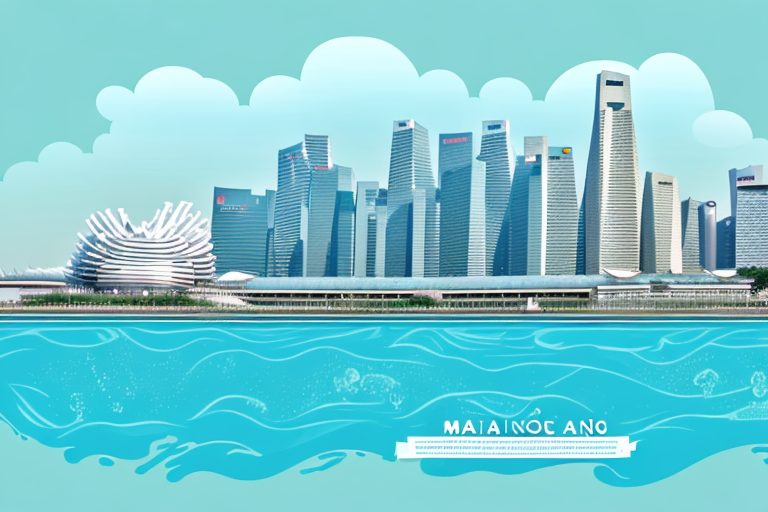 A flowing tap with clear water against the backdrop of iconic singapore landmarks like the marina bay sands and merlion