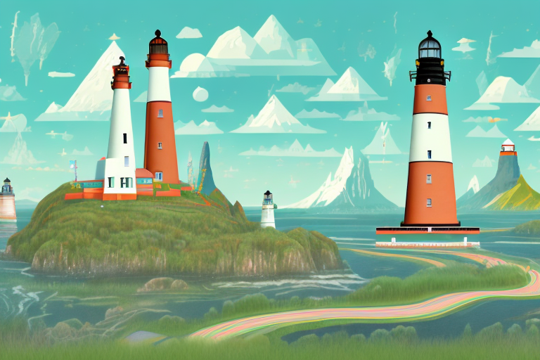 A whimsical landscape featuring unique landmarks of the north west