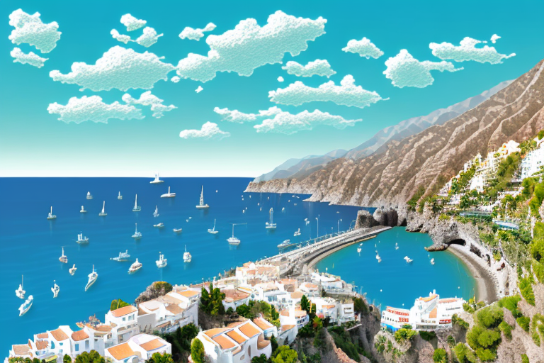 The picturesque nerja coastline with a few popular landmarks such as the balcony of europe and nerja caves